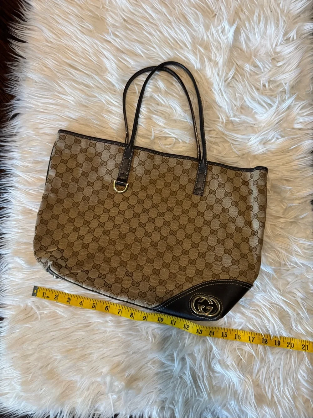 Gucci Beige GG Canvas Tote with Brown Leather Trim